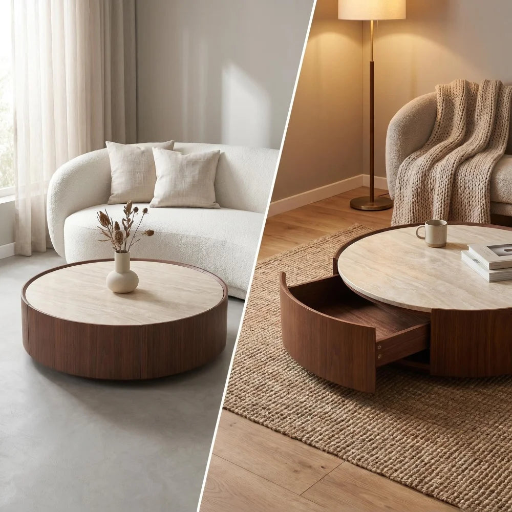 Round Coffee Table, with A Sintered Stone Top Featuring Inlaid Details and Natural Walnut Veneer, Incorporating Storage Space