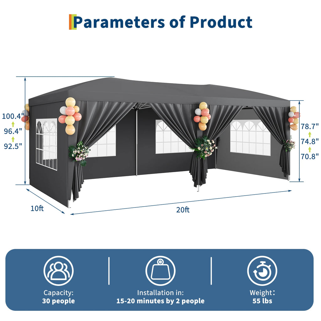 10x20 Ft Canopy Tent with 6 Sidewalls, Heavy Duty Outdoor Party Tent, Instant Shelter, Gazebo with Wheeled Bag for Events