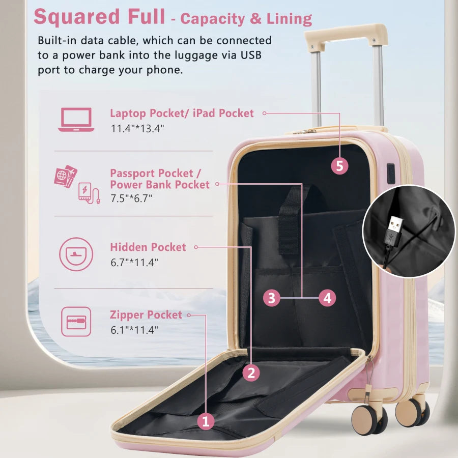 Front Opening Luggage Set 3 Piece: Hardside Carry-on Suitcase with USB Port, Expandable Design, Black Polycarbonate, TSA Lock S