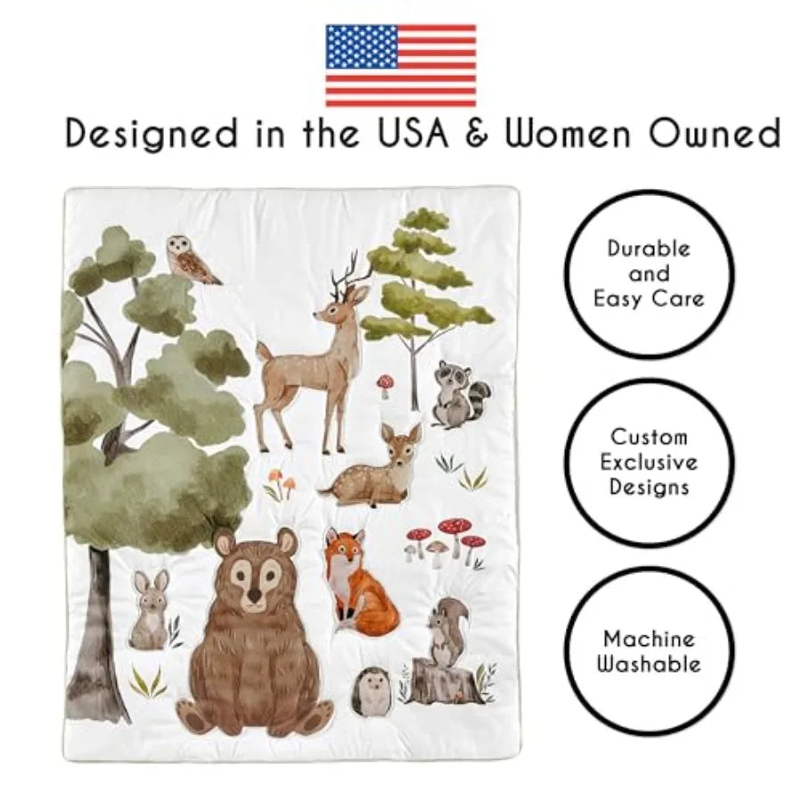 4-Piece Baby Crib Bedding Set Woodland Animals for Boys or Girls Infants/Nursery incl. Blanket Fitted Sheet Skirt Diaper Stacke
