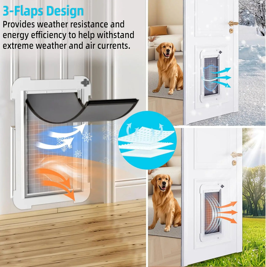 3-Flap Steel Dog Door for Exterior Doors, Energy-Efficient, Insulated, Telescoping Tunnel, Never Rust, for Pets Up to 100 Lb