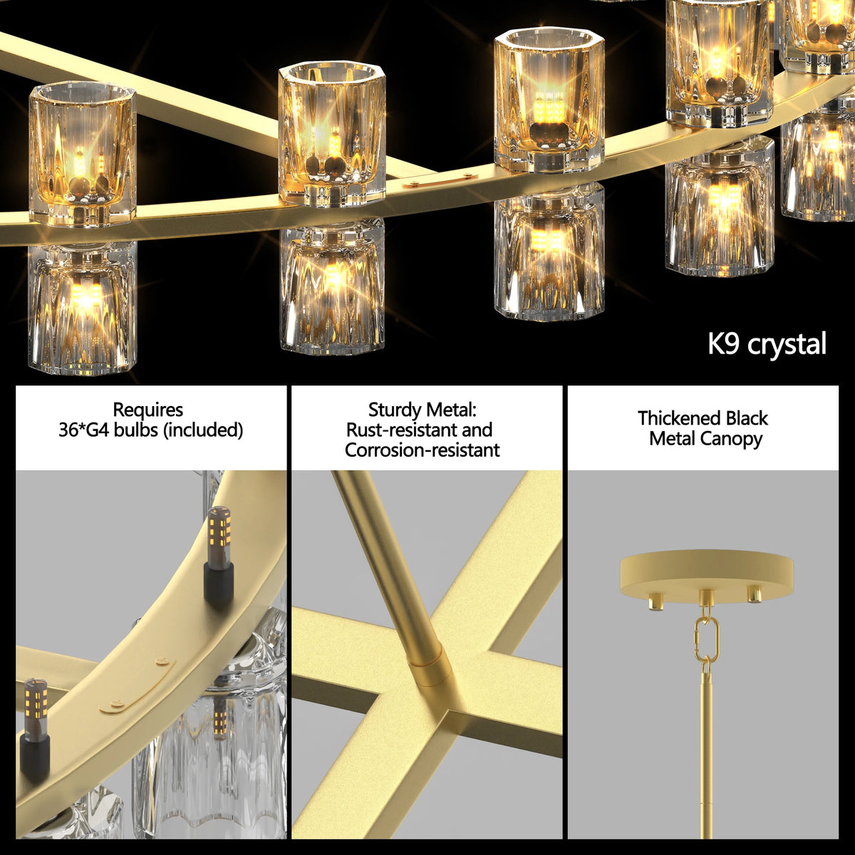 Dining Chandelier over Table, Suitable for 36-Inch K9 Crystal Chandeliers, Gold Round Chandelier for Dining Room, Living Room