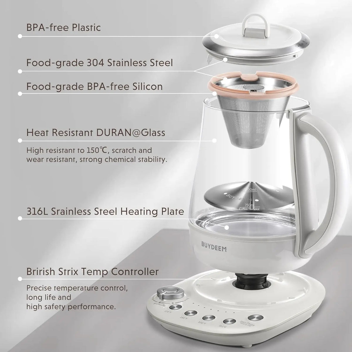 Electric Tea Maker & Coffee Brewer, 6 Strength Levels, 4 Temp Settings, 1.5L