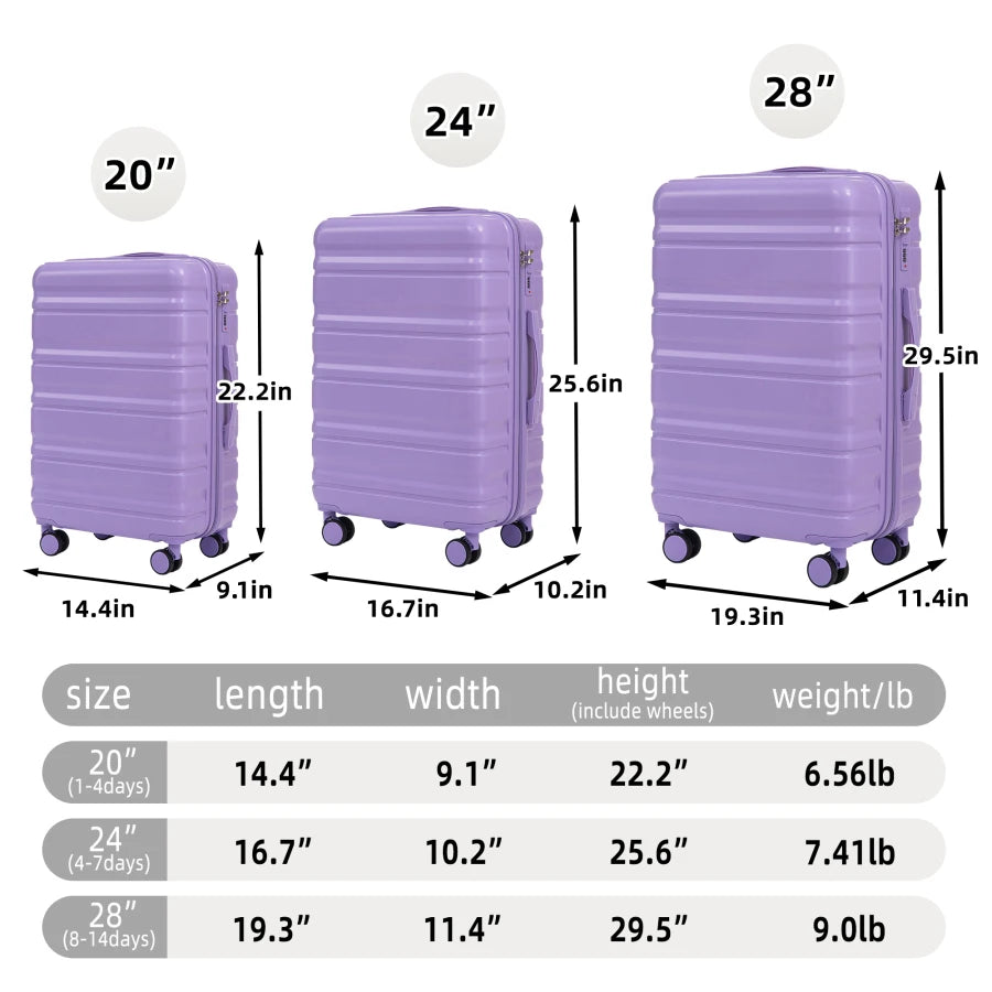 Tourist carry-on luggage set for travel, ABS material, blue+purple matching colors, spinner wheels and combination lock