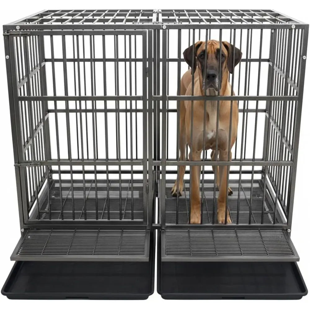 Extra Large Heavy-Duty Dog Crate with Wheels, Indestructible Steel Kennel for Indoor or High Anxiety Dogs, Sturdy Locks, Double