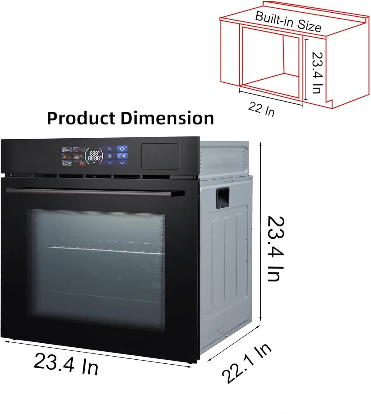 24" Built-in Electric Ovens with 70L Capacity 3000W Single Wall Oven with View Window Steam & Grill Oven 8 Cooking Functions