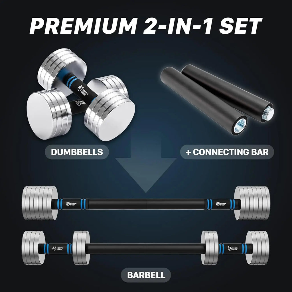 Upgraded Adjustable Steel Dumbbells 40LB / 60LB - 2 in 1 Dumbbell Barbell Set for Home Gym Workout