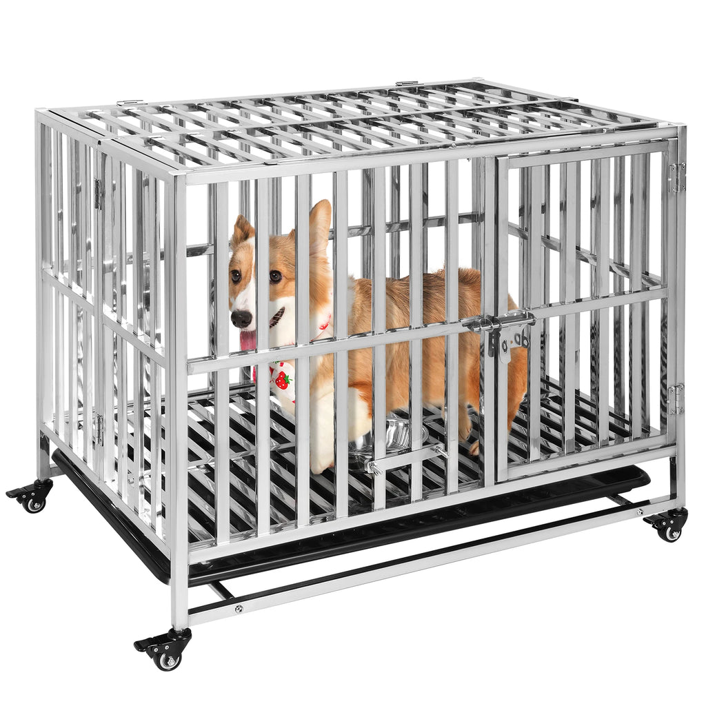 37in Steel Tube Foldable Dog Cage Crate with Four Wheels Strong Metal Pet Kennel Cage Double Doors with Roof Removable Tray