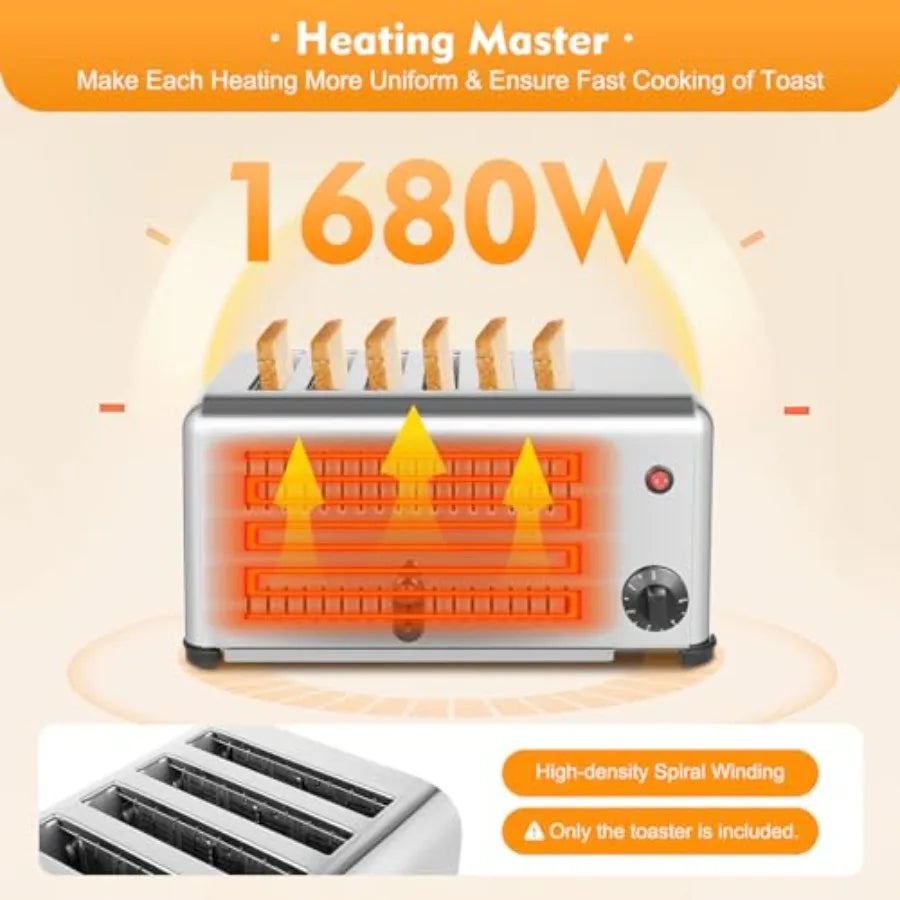 6-Slice Pop-up Bread Baking Machine Electric Countertop Toaster with Stainless Steel Wide Slots and 1-5 Minute Timer for Home R