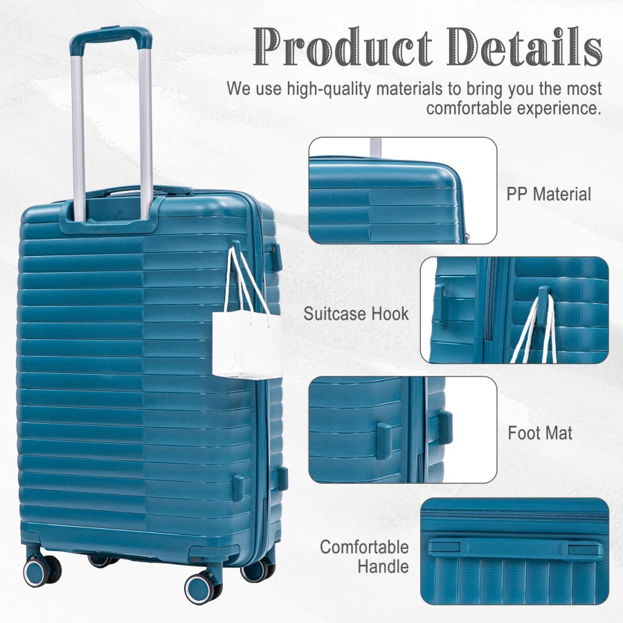 Carry on suitcase set for travel: PP spinner wheel luggage in blue, 14/20/24/28, iron pull rod, combination password lock, incl