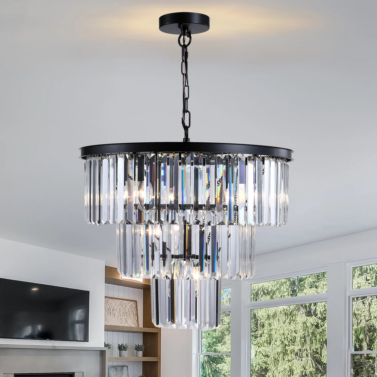 Multi-Finish 3-Tier K9 Crystal Chandelier - 20 Inch  Metal Frame Light, Black  Adjustable Height Rust-Resistant Fixtur