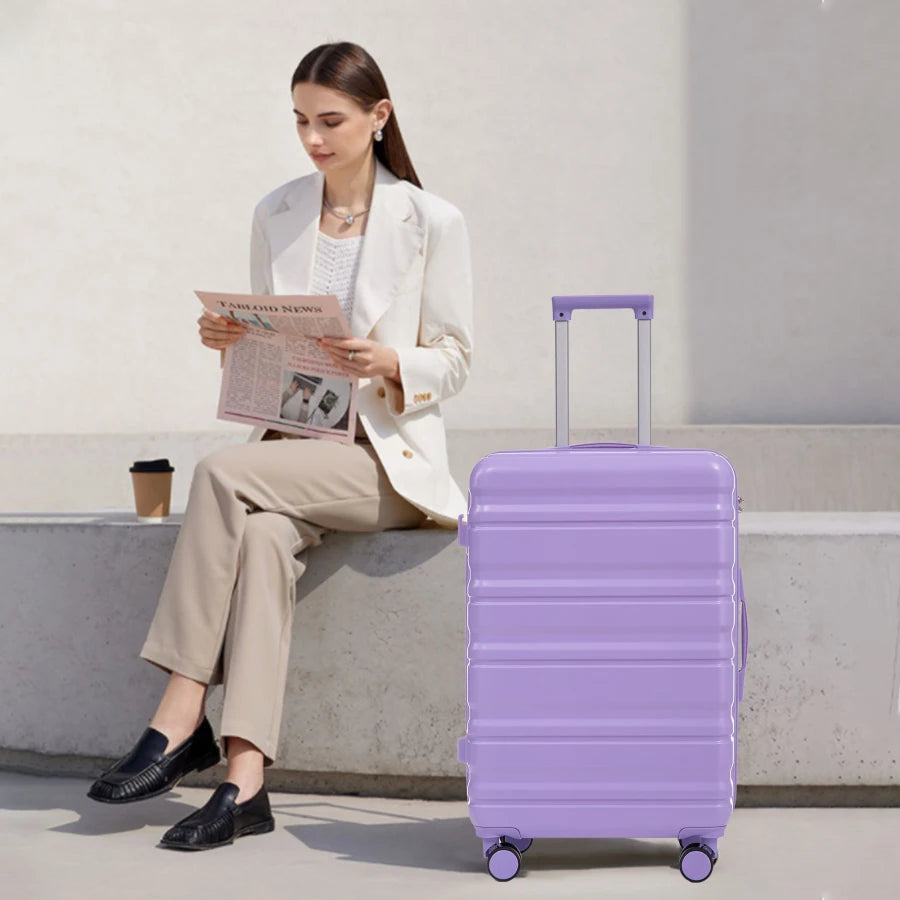 Tourist carry-on luggage set for travel, ABS material, blue+purple matching colors, spinner wheels and combination lock