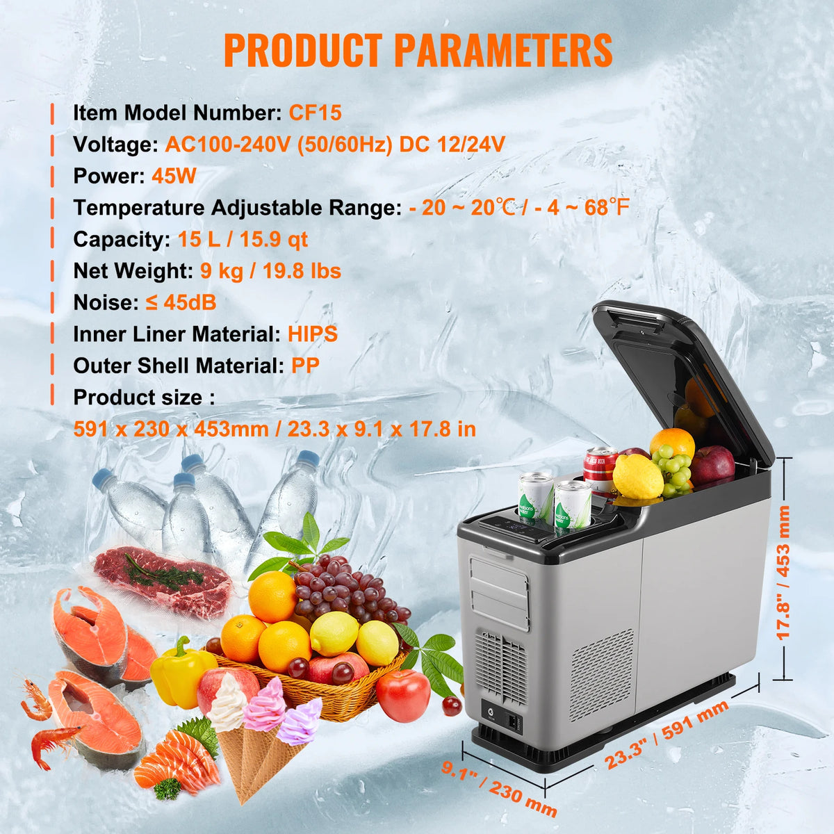 SucceBuy 15L Car RefrigeratorCar Armrest Refrigerator Fridge Single Zone Freezer -4℉-68℉ Adjustable Range 12/24V DC and Cooler