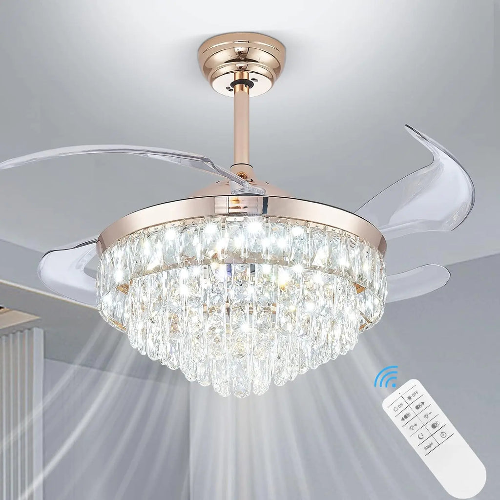 42'' Dimmable Ceiling Fan with Light and Remote Crystal Modern Chandelier Fan Retractable Fandelier with Memory, Silent Motor, 6