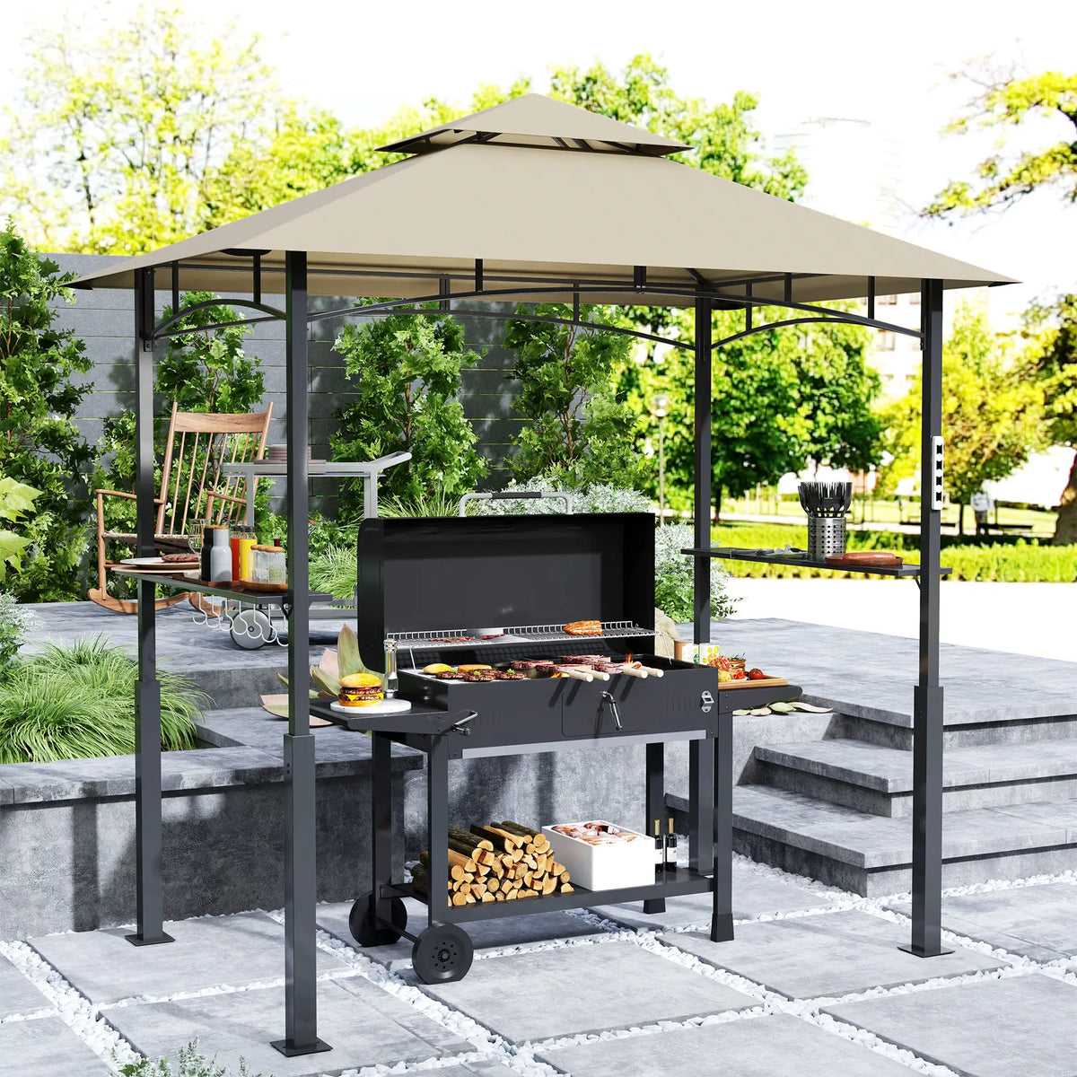 8' X 5' Grill Gazebo, 2-Tier Outdoor Bbq Gazebo, Khaki