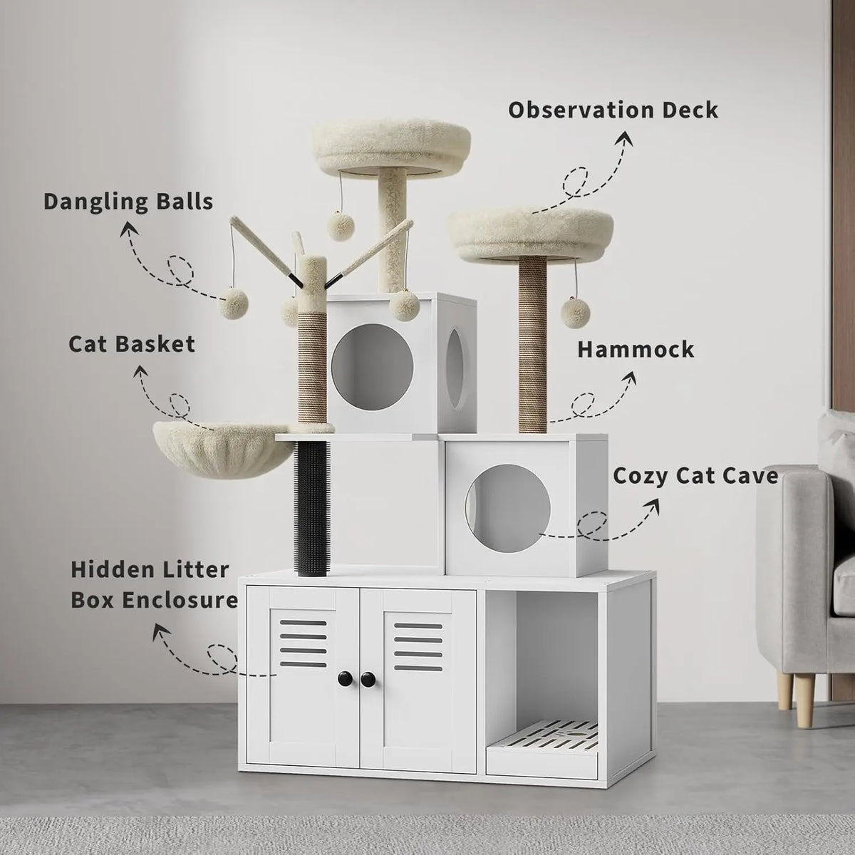 Litter Box Enclosure with Cat Tree Tower 2-in-1 Modern Hidden Pet Washroom Furniture with Condo Hammock Scratching Posts