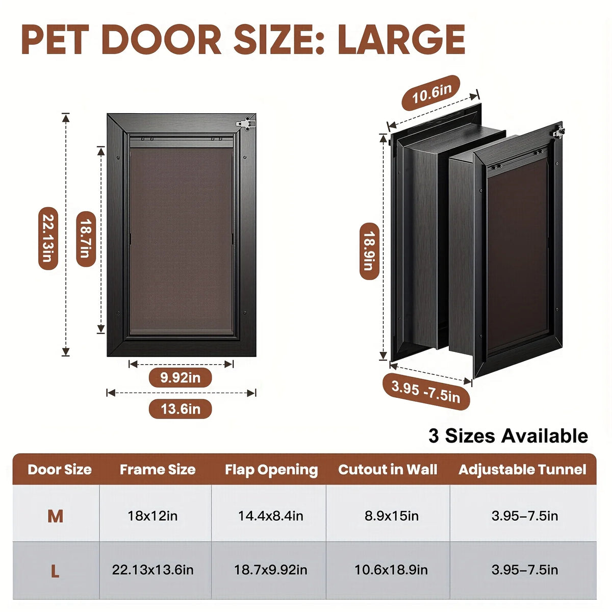 Large 3-Flap Dog Door Made of All-Aluminum Alloy, Suitable for Walls. This Heavy-Duty Pet Door Is Easy to Install, Energy-Efficient, And Features a Telescoping Tunnel for Both Interior And Exterior Walls