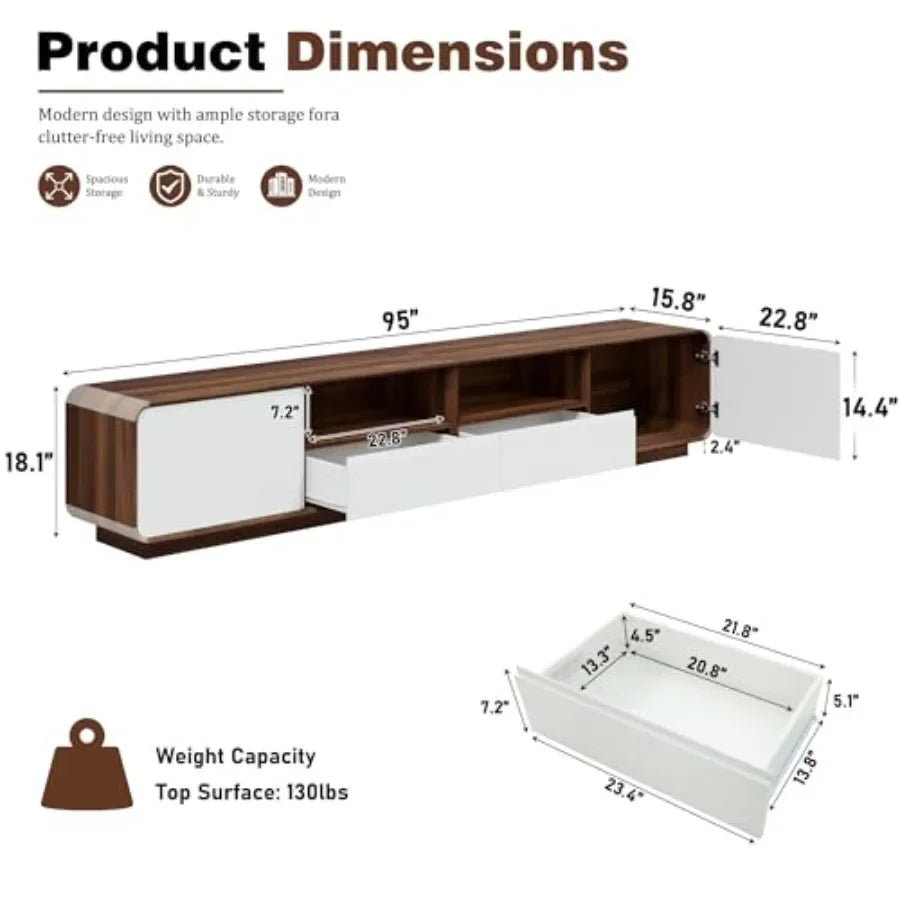 95" TV Stand for Living Room, Rounded Edge Entertainment Center with 2 Large Storage Cabinets and 2 Drawers, Modern TV Console