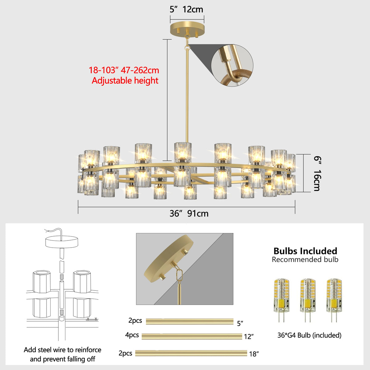 Dining Chandelier over Table, Suitable for 36-Inch K9 Crystal Chandeliers, Gold Round Chandelier for Dining Room, Living Room