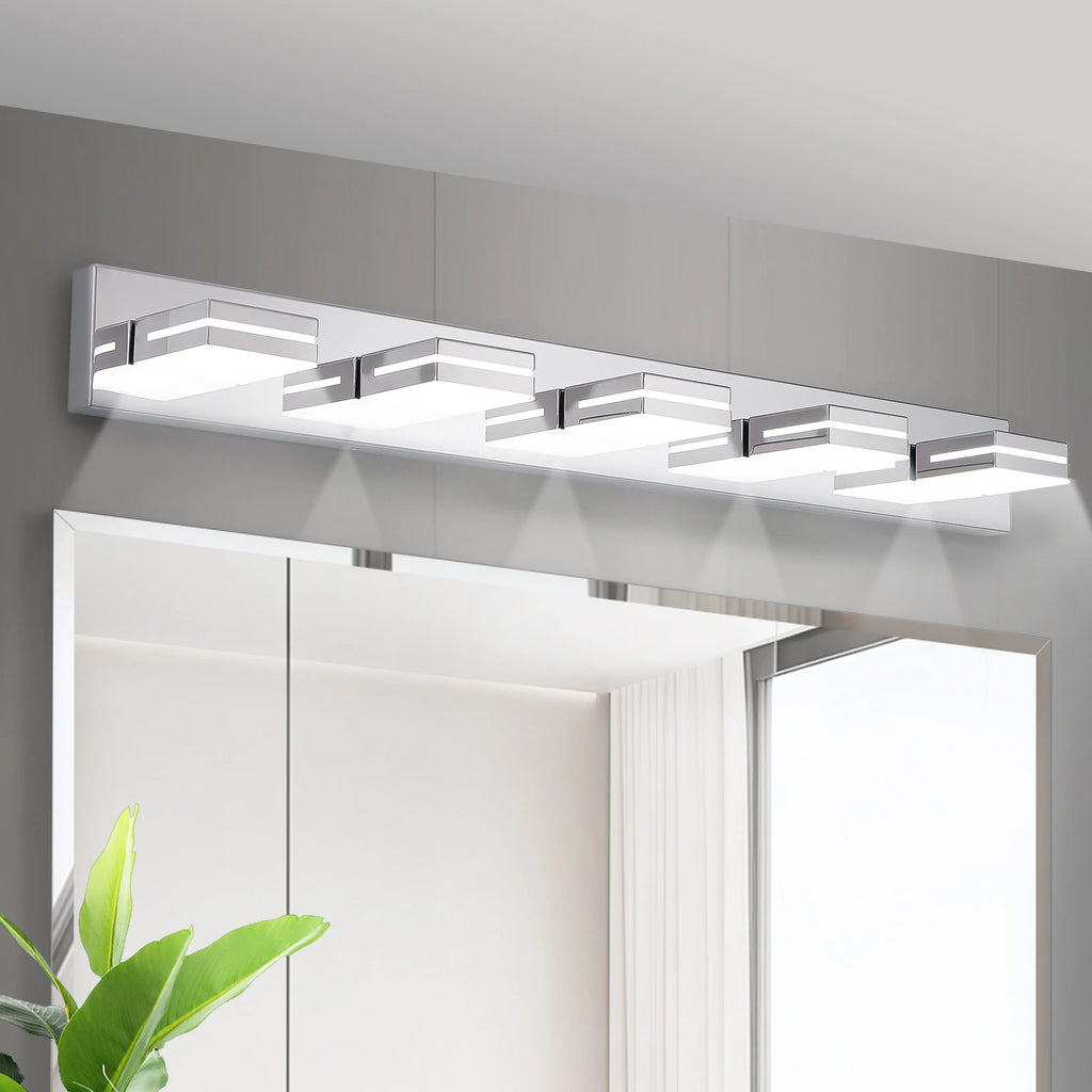 Modern Chrome LED Vanity Light, 5-Lights Wall Sconce for Bathroom and Mirror, Sleek Minimalist Design, Energy-Efficient