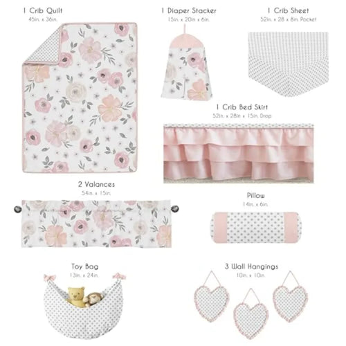 11-Piece Baby Crib Bedding Set Pink/Grey Boho Floral for Girls Infants/Nursery incl. Blanket Fitted Sheet Skirt Diaper Stacker