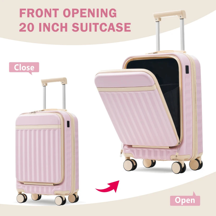 Front Opening Luggage Set 3 Piece: Hardside Carry-on Suitcase with USB Port, Expandable Design, Black Polycarbonate, TSA Lock S