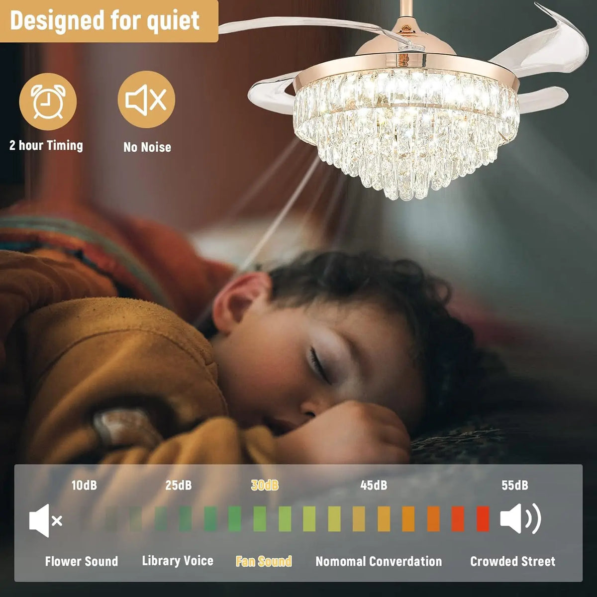 42'' Dimmable Ceiling Fan with Light and Remote Crystal Modern Chandelier Fan Retractable Fandelier with Memory, Silent Motor, 6
