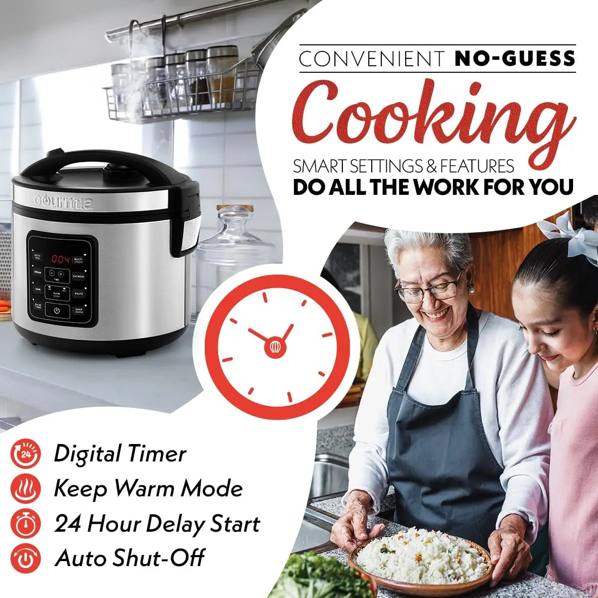 5 Qt Rice Cooker with Digital Controls, 20 Cup Cooked, 10 Cup Uncooked, Nonstick Pot, Steam Tray, Delay Timer, Keep Warm