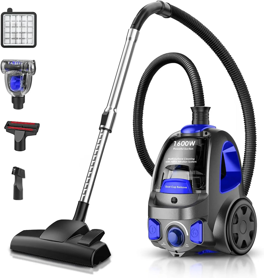 40Kpa 1600W Bagless Canister Vacuum Cleaner, 3.7QT Dust Cup for Hard Floors, Carpets, Pet Hair