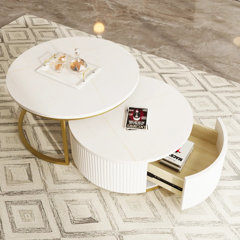 31.5'' Modern Round Fluted Nesting Coffee Table with Storage Drawer, White & Gold Accent Side Table for Living Room Home Decor