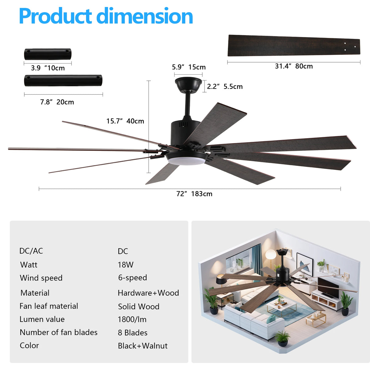 ARLGSITE 72 Inch Walnut LED Ceiling Fan Light with 8 Wooden Blades Remote Control Adjustable Color Temperature for Living Room