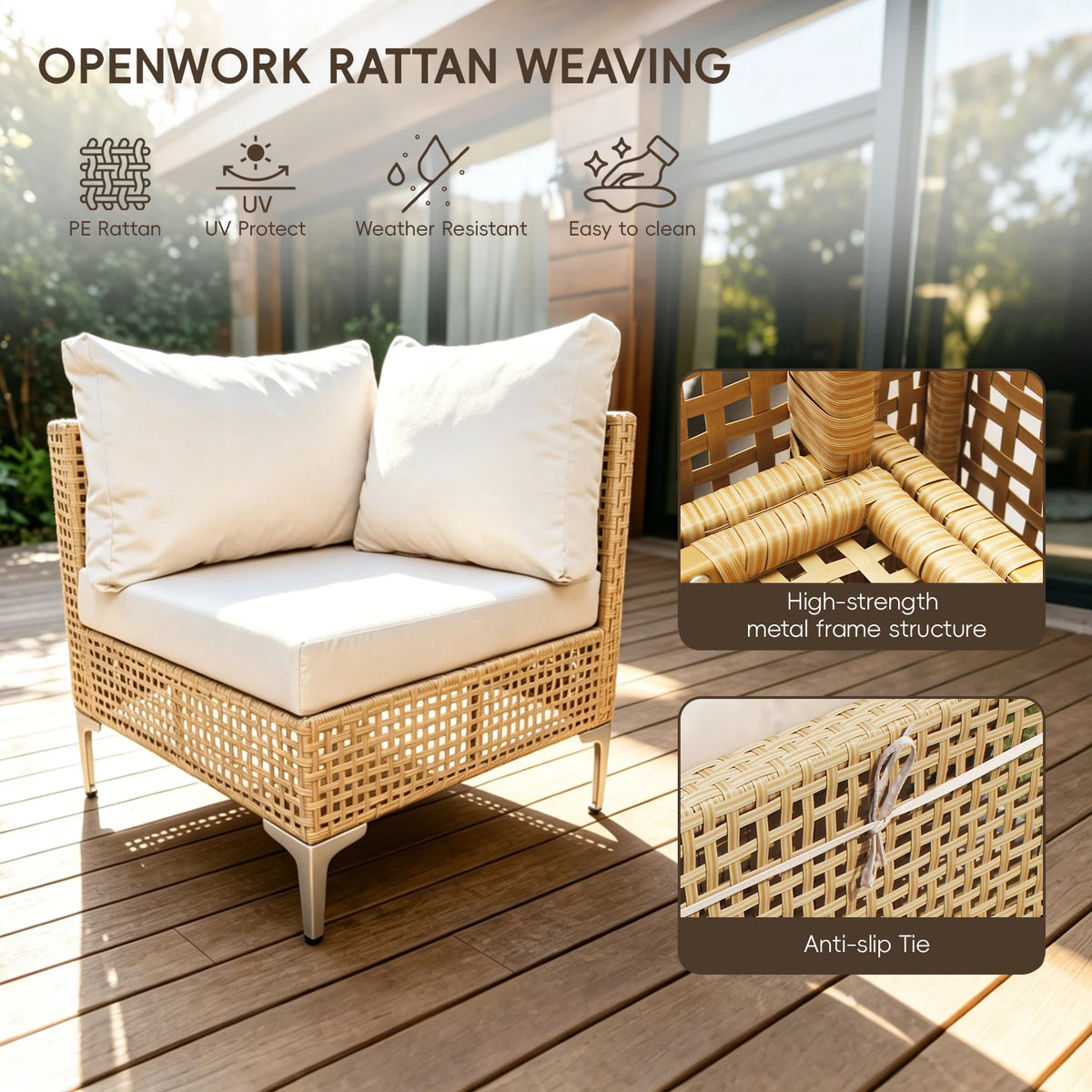9-Piece Outdoor Patio Furniture Set Wicker Sectional Sofa with Thick Cushions And Glass Table for Backyard Garden