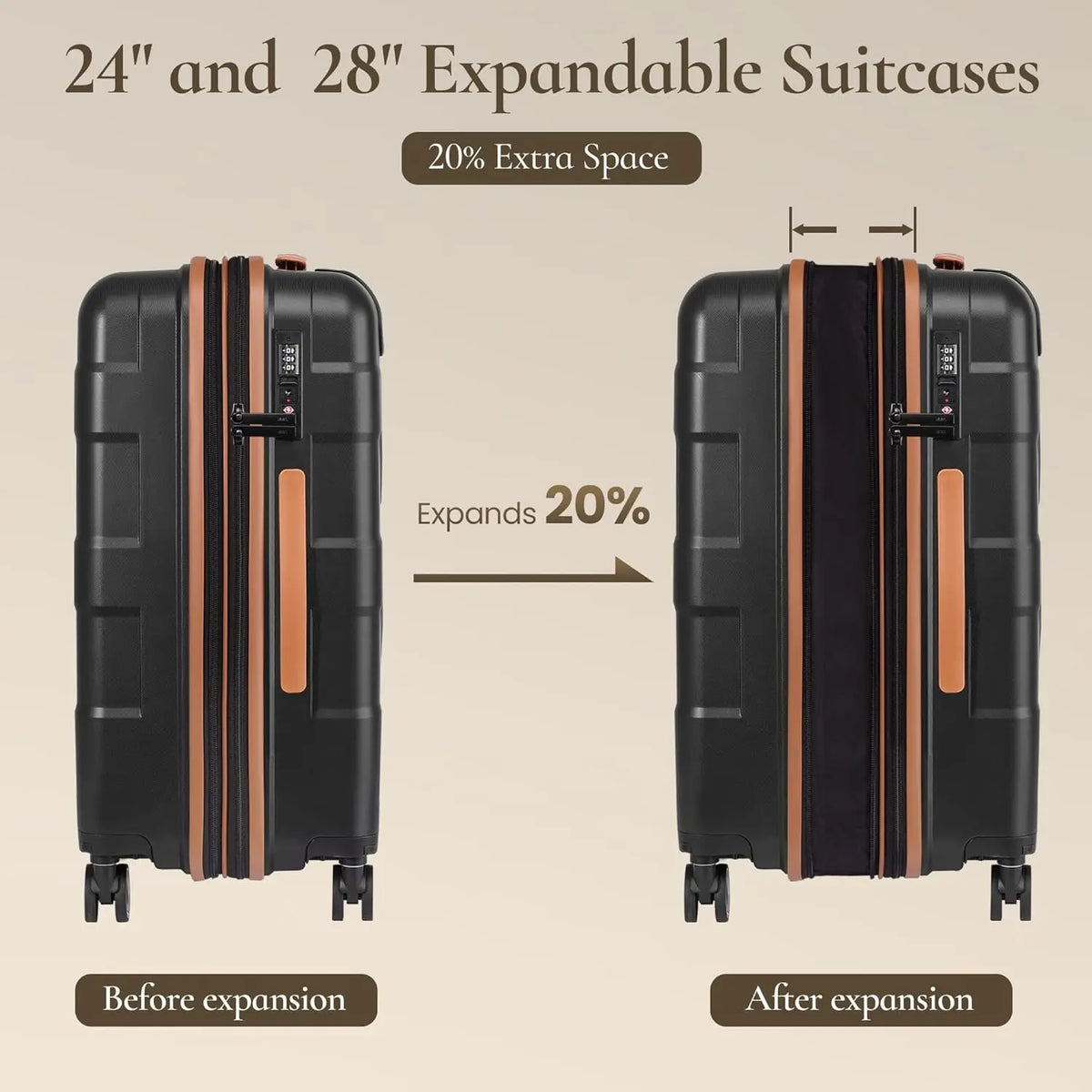 3-Piece Hardside Luggage Set with Spinner Wheels, TSA Lock, Expandable Lightweight Travel Suitcase for Men and Women in Black