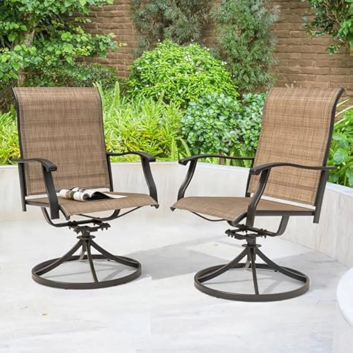 Outdoor swivel dining chairs set of two with 360-degree rotation and gentle rocking motion ideal for patios decks gardens balcon