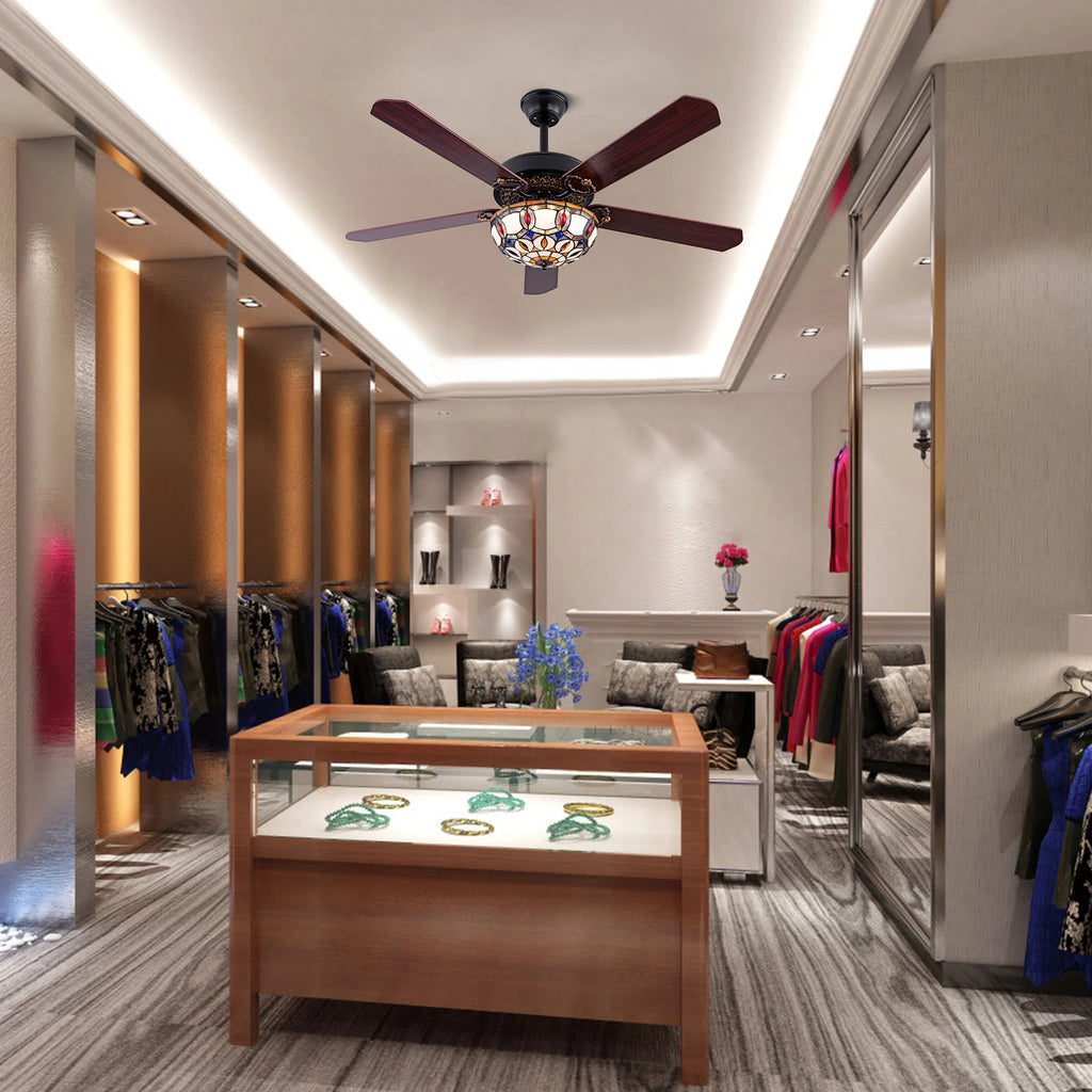52'' Tiffany Ceiling Fan with 3 Lights + Remote Control Wooden Ceiling Fan