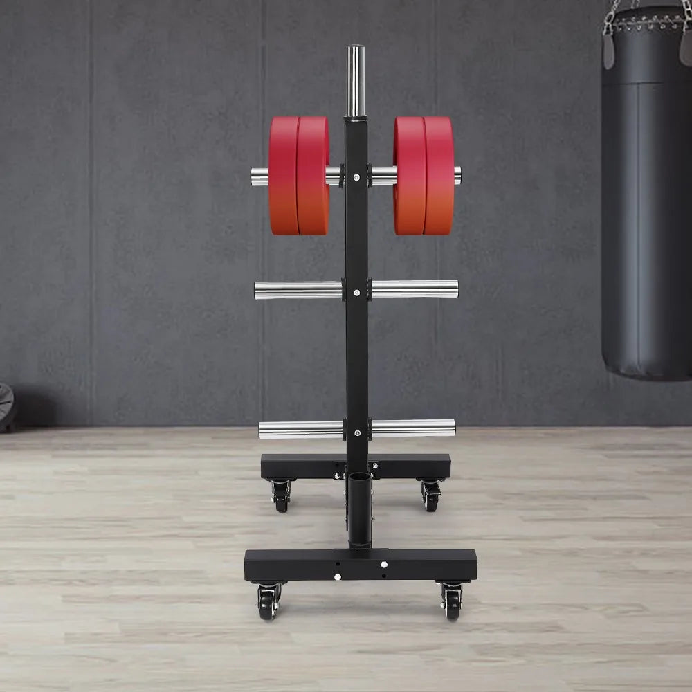 Movable Weight Plate Dumbbell Rack Storage Tree 57inch 1100lbs Capacity Heavy Duty Weight Plate Holder with 4 Universal Wheels