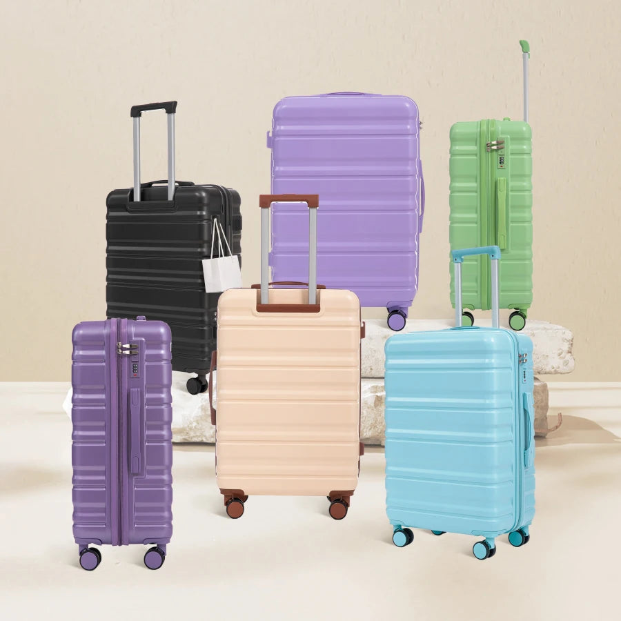 Tourist carry-on luggage set for travel, ABS material, blue+purple matching colors, spinner wheels and combination lock