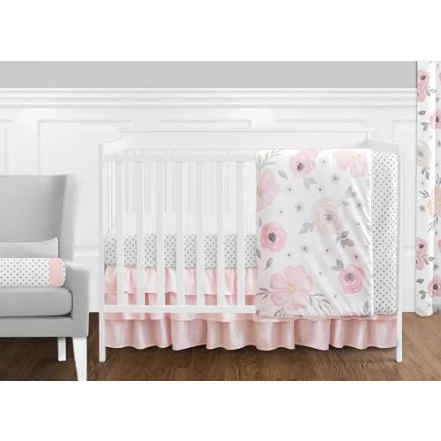 11-Piece Baby Crib Bedding Set Pink/Grey Boho Floral for Girls Infants/Nursery incl. Blanket Fitted Sheet Skirt Diaper Stacker