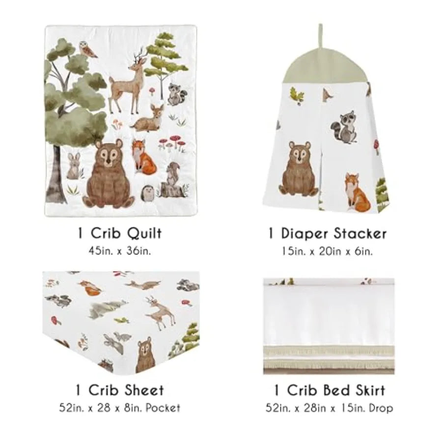 4-Piece Baby Crib Bedding Set Woodland Animals for Boys or Girls Infants/Nursery incl. Blanket Fitted Sheet Skirt Diaper Stacke