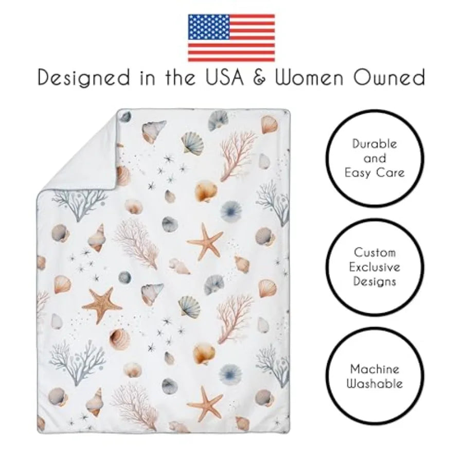 4-Piece Baby Crib Bedding Set Ocean Seashells for Boys or Girls Infants/Nursery incl. Blanket Fitted Sheet Skirt Diaper Stacker
