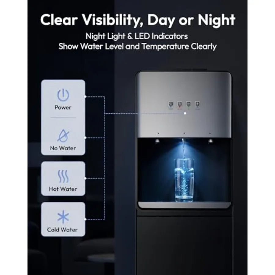 Self-Cleaning Bottom-Loading Water Dispenser for 5 Gallon Bottles - Black 3 Temperature Settings with Hot Room and Cold Water O