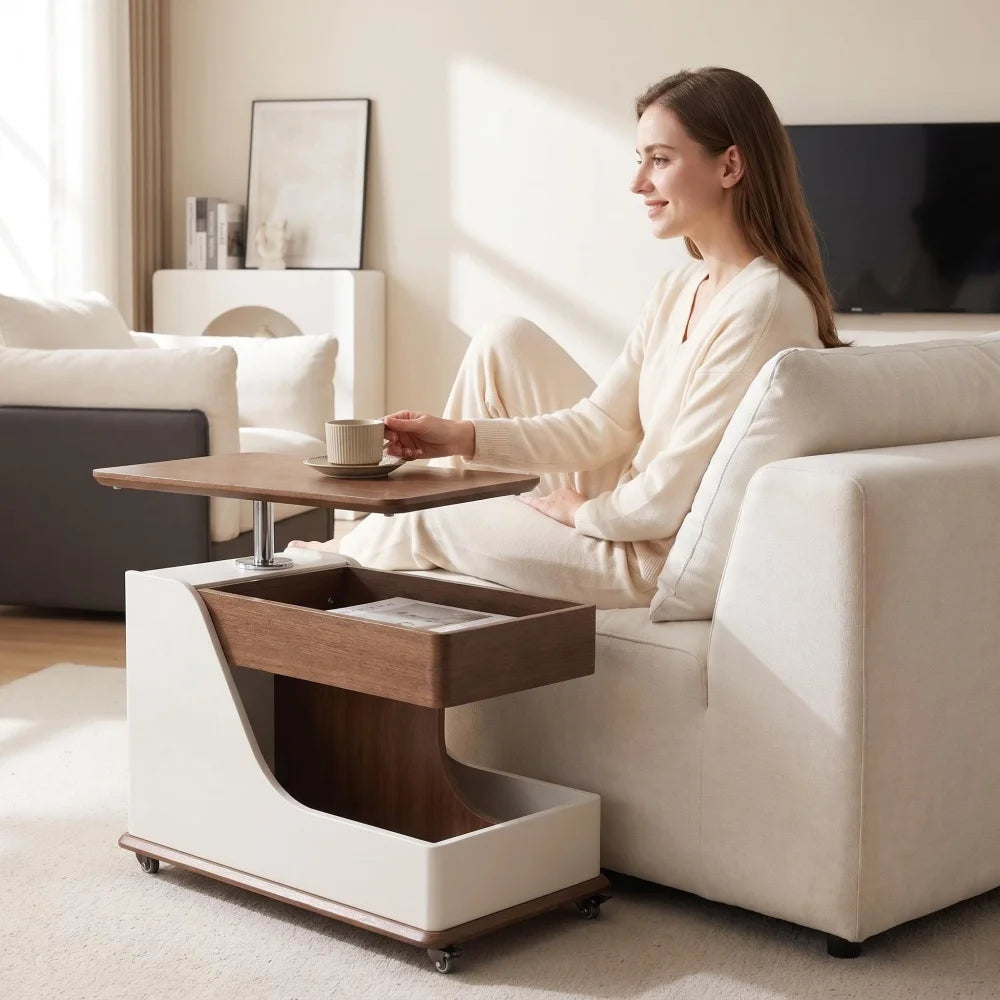 Height Adjustable Side Table Coffee Table, Portable End Table with Storage Compartments, for Living Room Balcony Bedroom FYCT