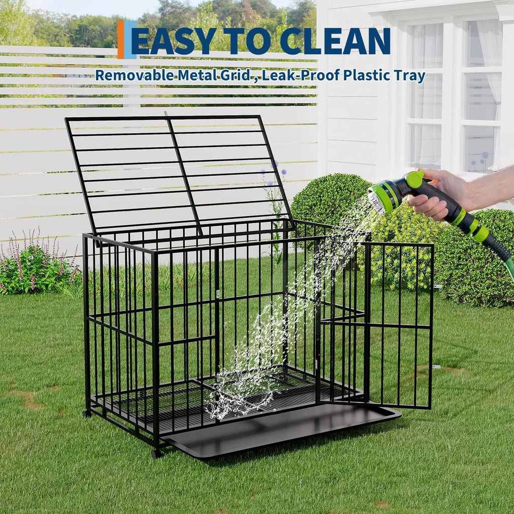 36/42/48 Inch Heavy Duty Stainless Steel Dog Crate Escape Proof Indestructible Dog Kennel  With Wheels & Removable Tray