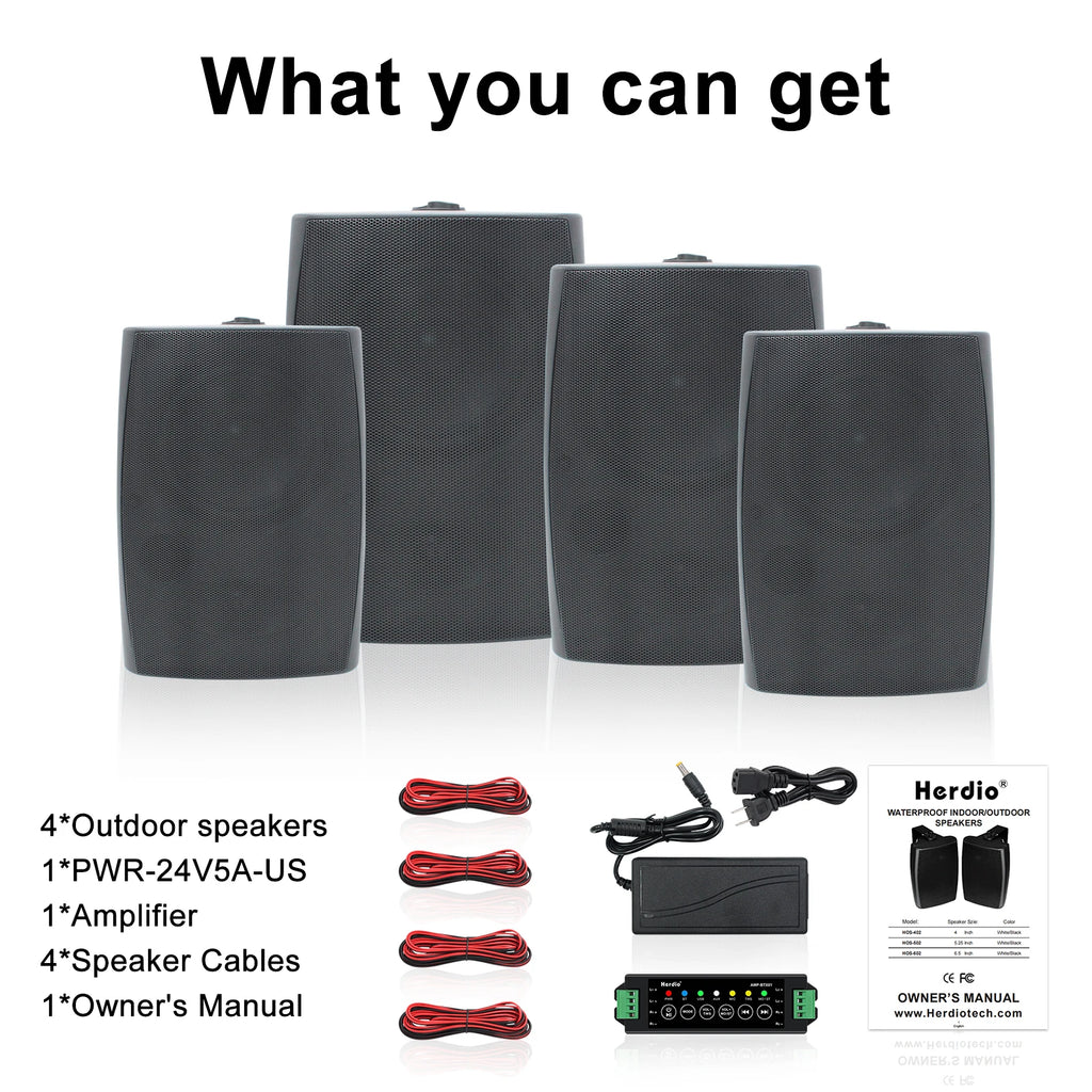 Herdio 4PCS 6.5‘’ 800W Outdoor Bluetooth Speakers Wired Waterproof With Multifunctional Amplifier Wall Mount Speakers For Patio