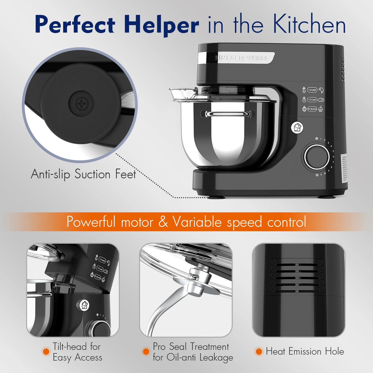 WHALL Kitchen Mixer, 12-Speed Tilt-Head Electric Stand Mixer – With Dough Hook, Wire Whip & Stainless Steel Bowl