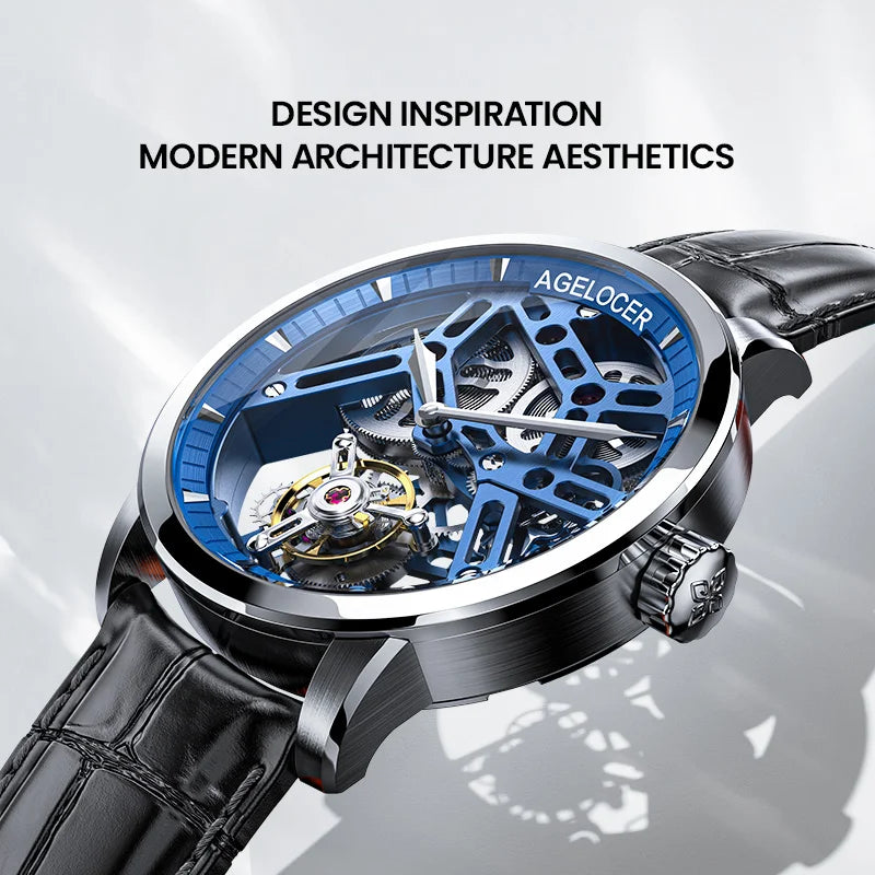 AGELOCER Original Tourbillon Watch Men's Business Formal Luxury Skeleton Manual Mechanical Watch Birthday Gift for Men