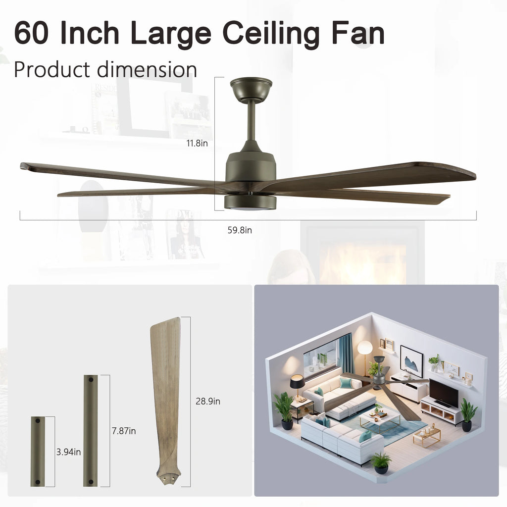 ARLGSITE60" Modern Wood Ceiling Fan with Light and Remote Control,6-Speed Noiseless Reversible DC Motor, Ceiling Fan