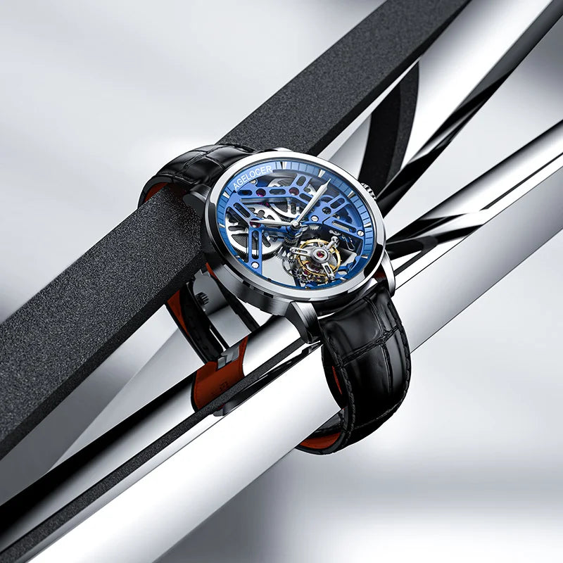 AGELOCER Original Tourbillon Watch Men's Business Formal Luxury Skeleton Manual Mechanical Watch Birthday Gift for Men
