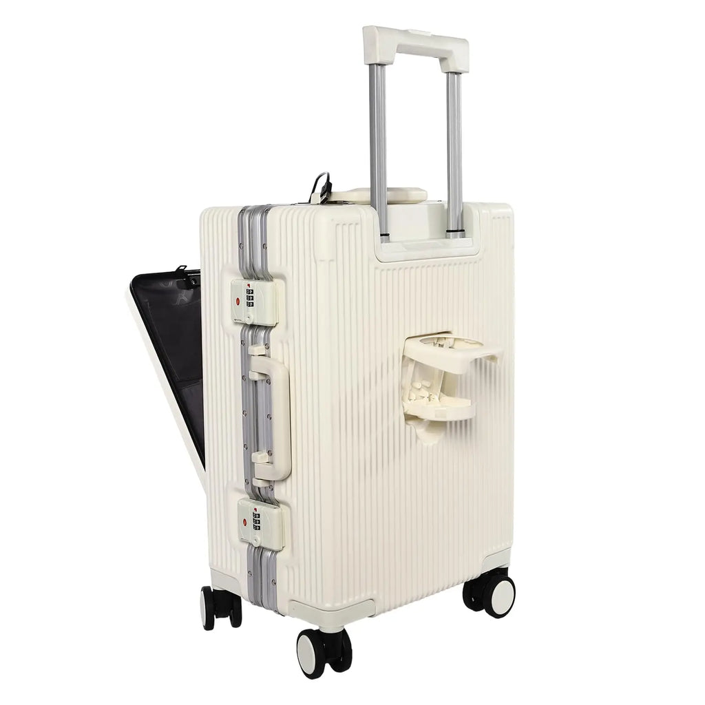 Carry On Luggage, 20" Zipperless Luggage, Hard Shell Suitcase with Front Pocket, Cup Holder and Locks, White