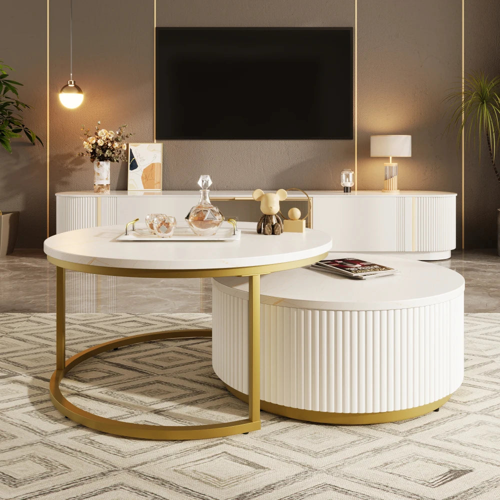 31.5'' Modern Round Fluted Nesting Coffee Table with Storage Drawer, White & Gold Accent Side Table for Living Room Home Decor